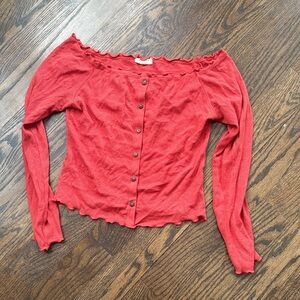 Red Off-Shoulder Button-Up Top